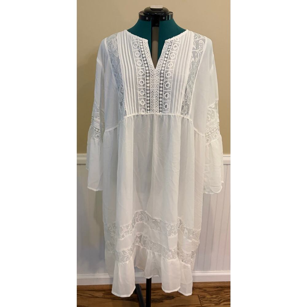 Suzanne Betro 4X White Lace Boho Peasant Tunic Dress Sheer Flowy New Summer